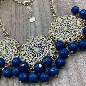 Talbots Gold Tone Rhinestone Circles Blue Beaded Dangle Necklace